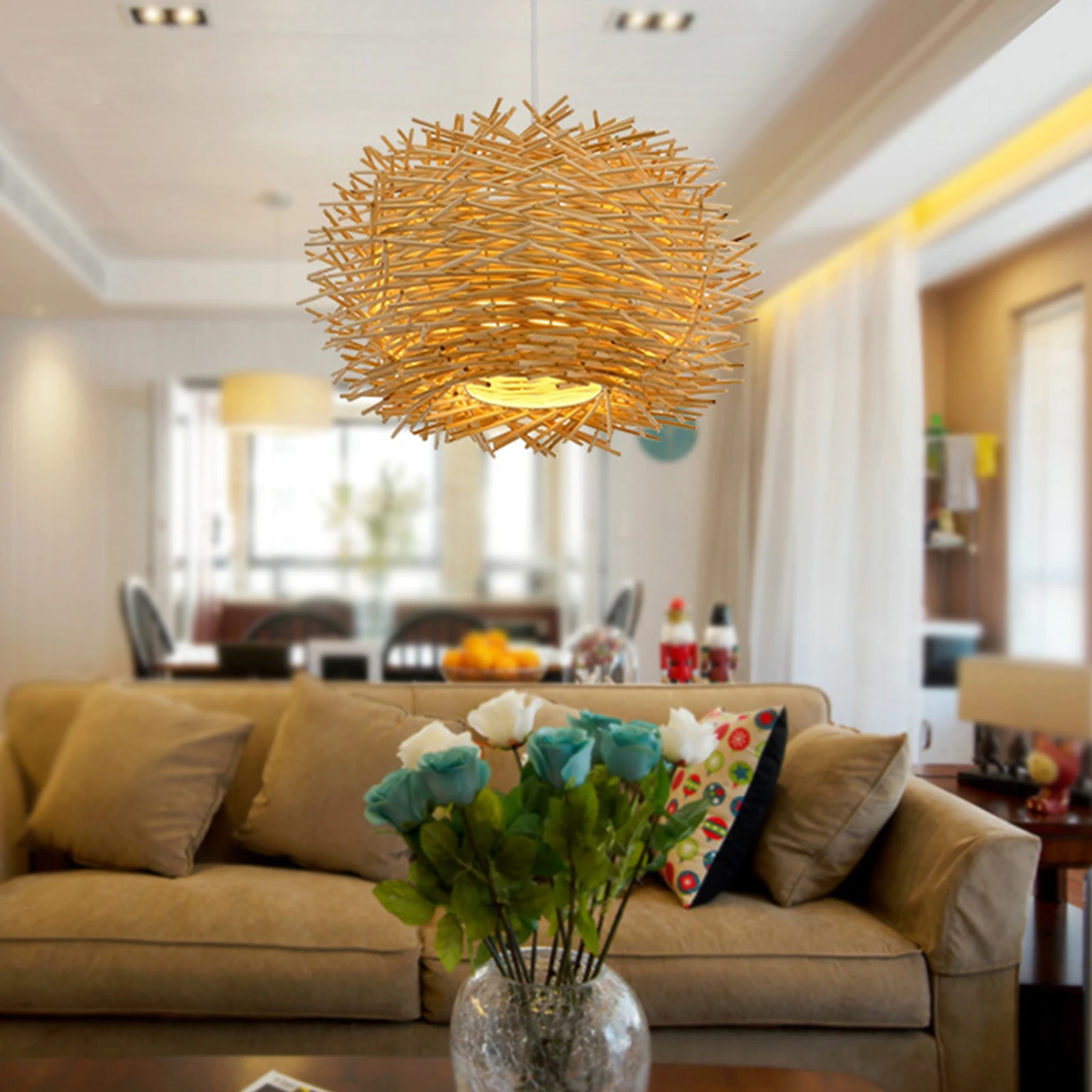 Rustic Lamp Shade Weave Hanging Lighting Rattan Ceiling Lamp Chandelier