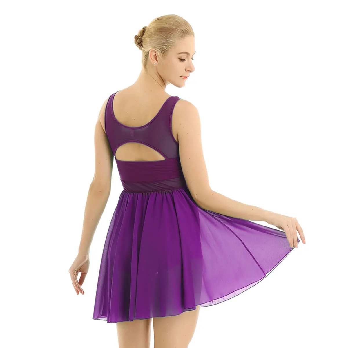 Adult Sleeveless Cut Out Asymmetric Chiffon Ballet Dance Leotard Dress Women Lyrical Modern Dance Practice Costumes