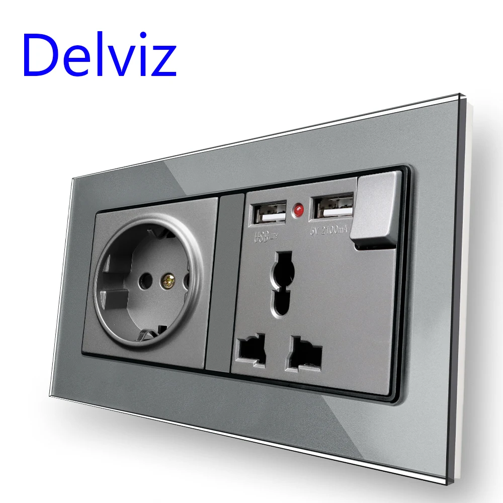 Delviz USB wall power socket, 5V 2A USB charging interface, EU jack + universal jack, Tempered Crystal Glass Panel Double Outlet