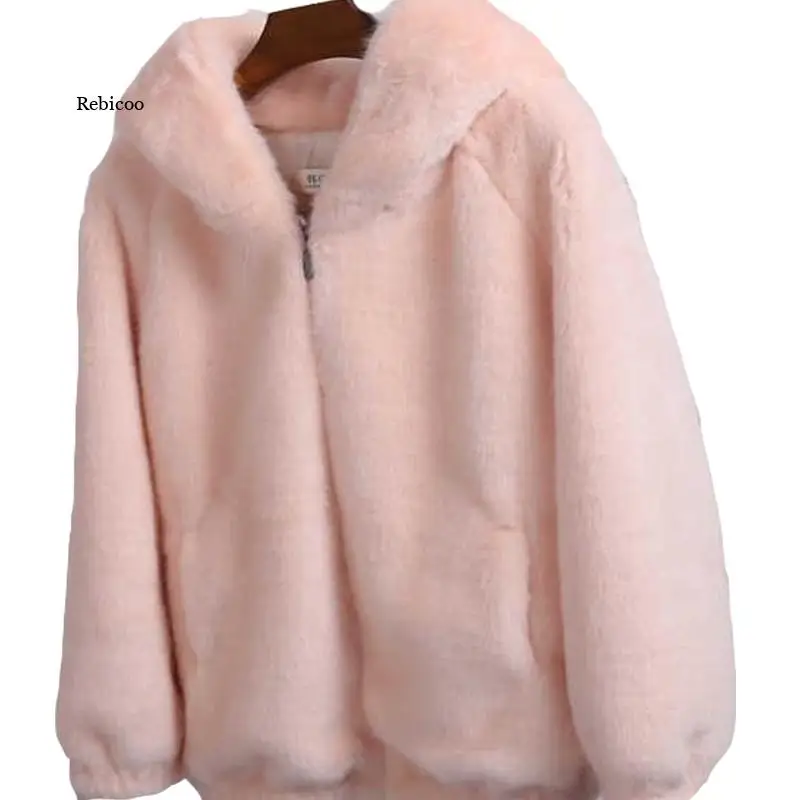 

Winter New Korean Version Of Loose Imitation Mink Women Hooded Jacket Solid Color Thick Zipper Warm Pocket Sweet Girl Coat