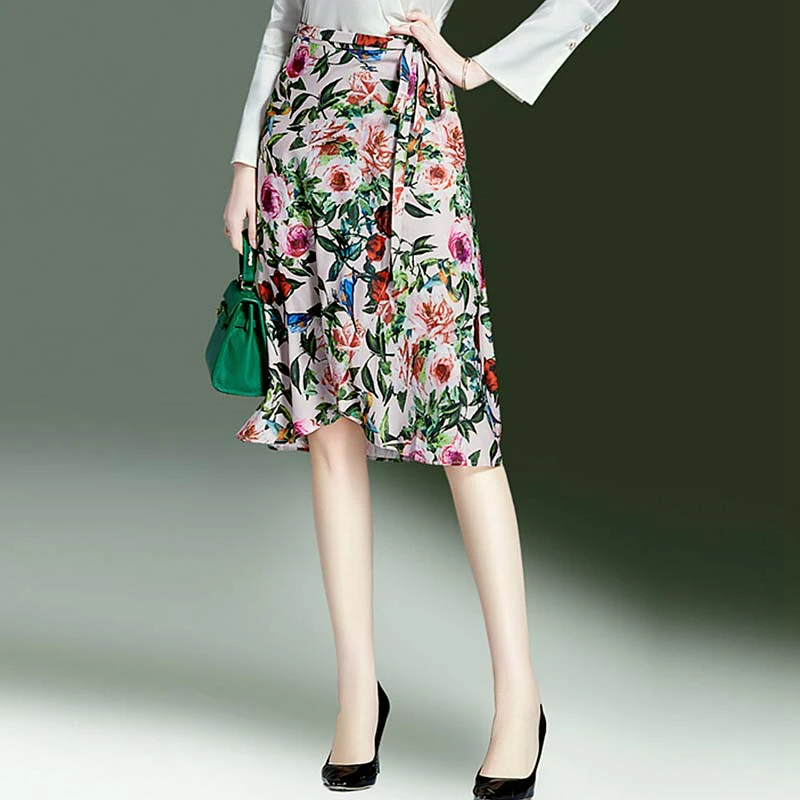 

100% Silk Skirt Women Casual Style 2 Colors Asymmetrical Slits Printed Sashes Beach Skirts High Quality Fabric New Fashion