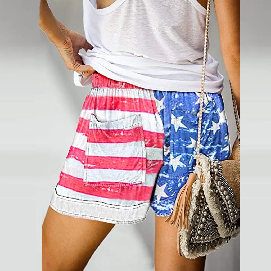 Moda shorts feminino independência comfy drawstring casual cintura elástica bolsos shorts para mulher pantalones cortos de mujer