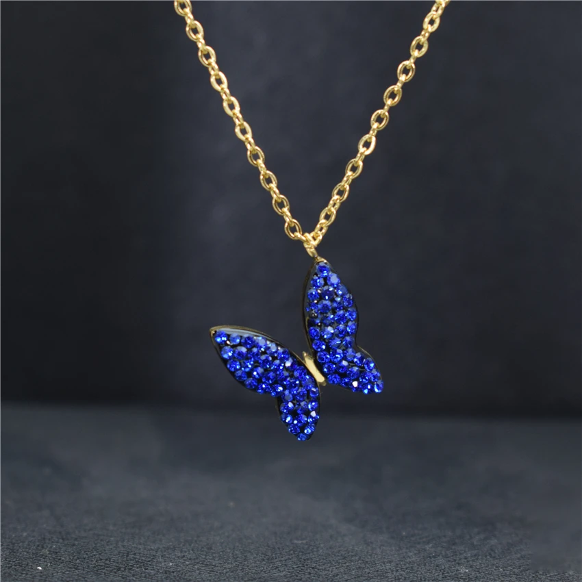 Stainless Steel Gold Chain CZ Blue Butterfly Necklace For Women Black Color Pendant Jewelry Rose Gold Chain