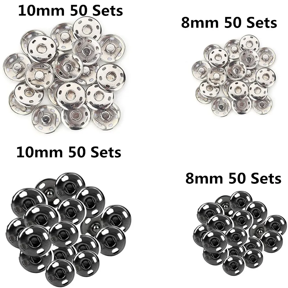 50/Set 8/10mm Snap Buttons Black Silver Metal Fasteners Press Button Iron Stud Plating Round Button Garment Sewing Accessories