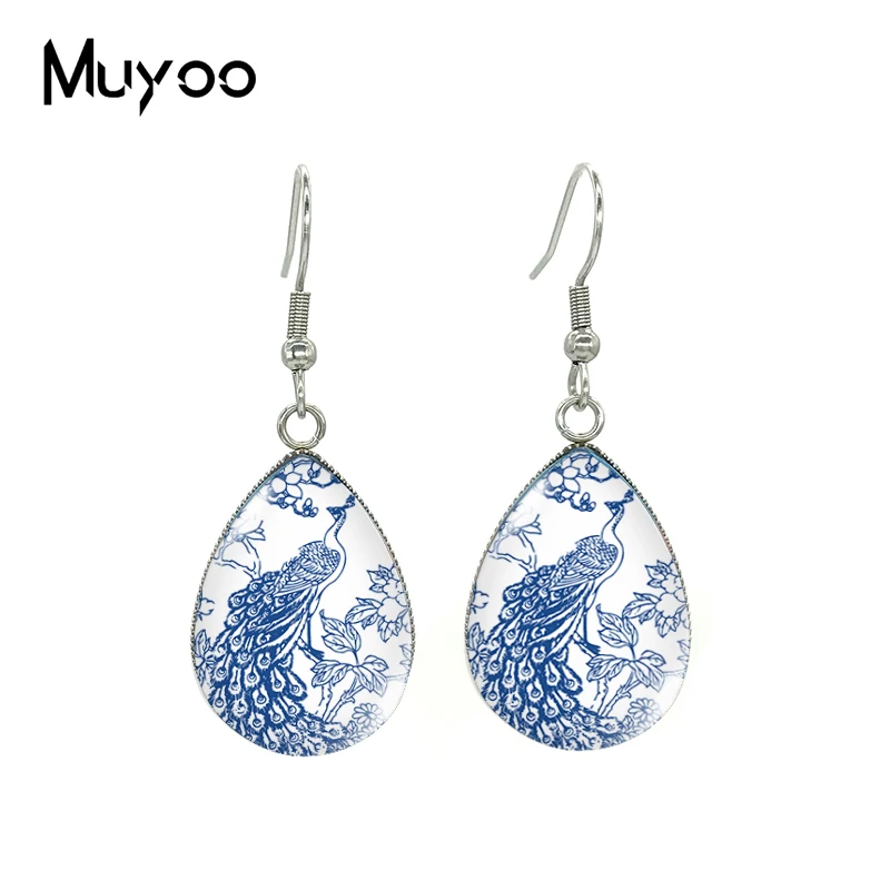 2020 New Blue White Porcelain Pattern Earring Flower Art Panting Tear drop Earring Glass Cabochon Hook Earrings Jewelry