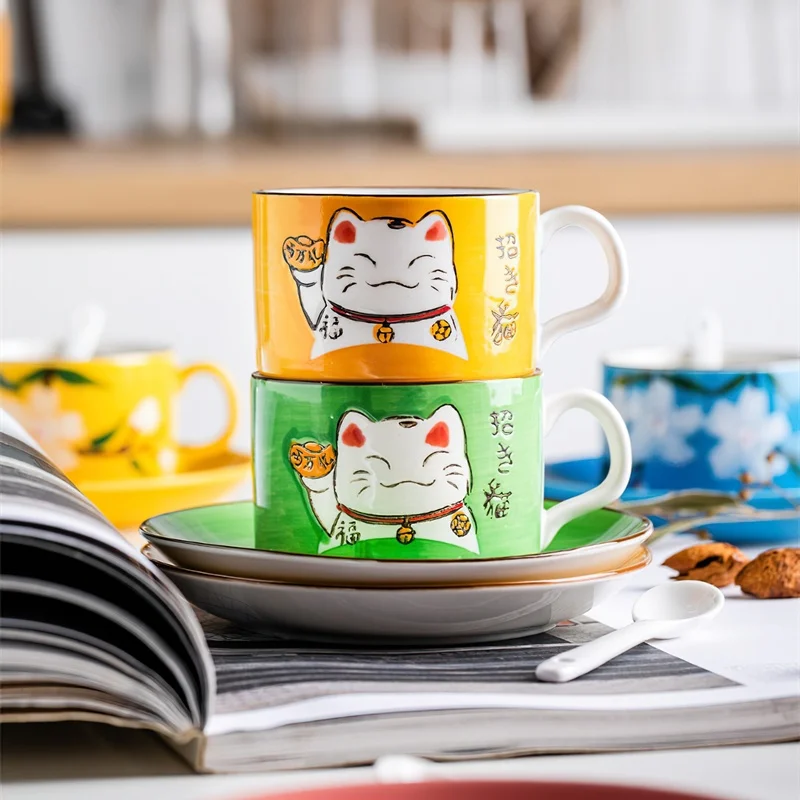 Coffee Cup Waterware Lucky Cat Dish Saucer Spoon Set Gift Box Japanese Green Handle Cartoon Tea Drinkware Home Kitchen Supplies