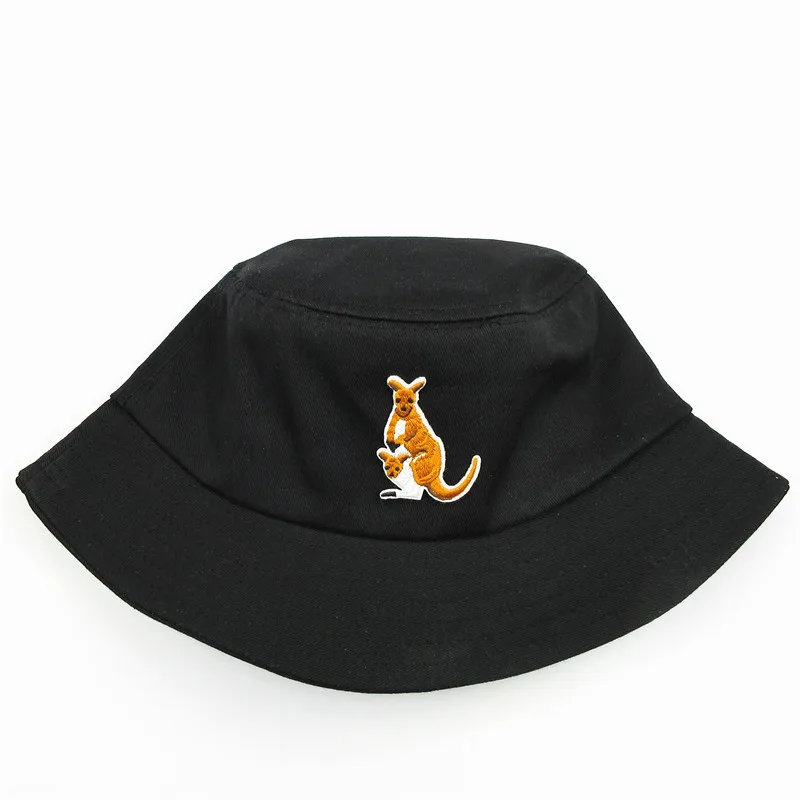 2021 Kangaroo Animal Embroidery Cotton Bucket Hat Fisherman Hat Outdoor Travel Sun Cap Hats for Men and Women 191