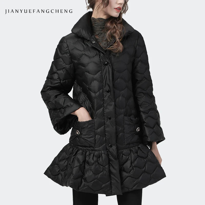 

Winter Long Women Skirted Down Jacket Fashion A-Line Loose Warm Thicken White Duck Down Puffer Coat Stand-Up Collar Down Jackets