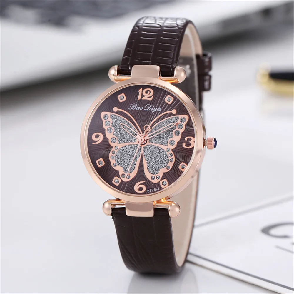 Butterfly Diamond Dial Design Women Quartz Watches Fashion Casual Ladies Wristwatches Simple Woman Leather Clock Montre Femme