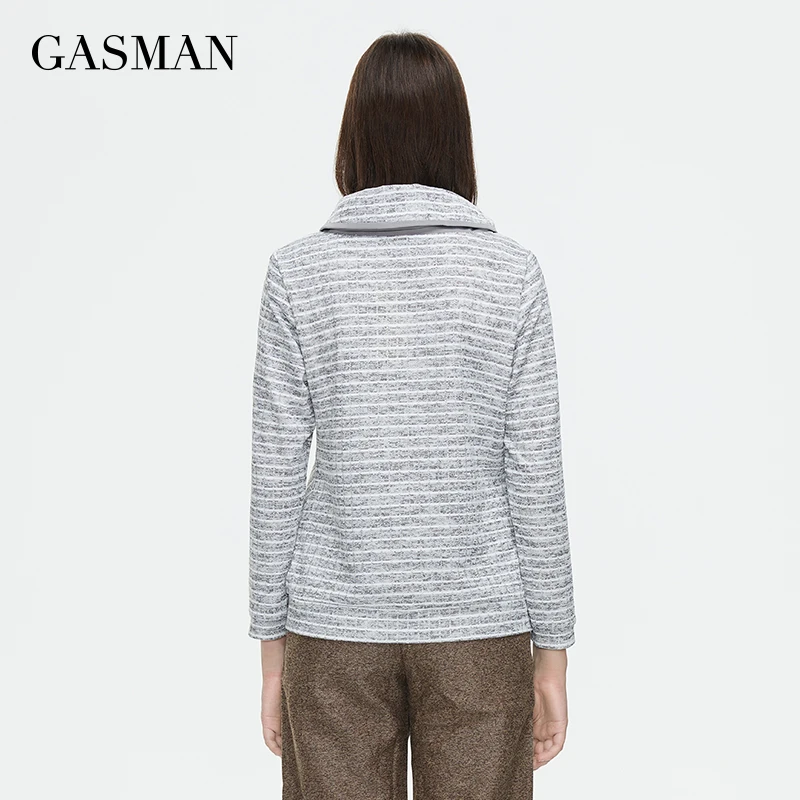 GASMAN Autumn Women blouse stripe grey Standing collar  pocket Three quarters sleeve Elegant Fashion Splicing 5218