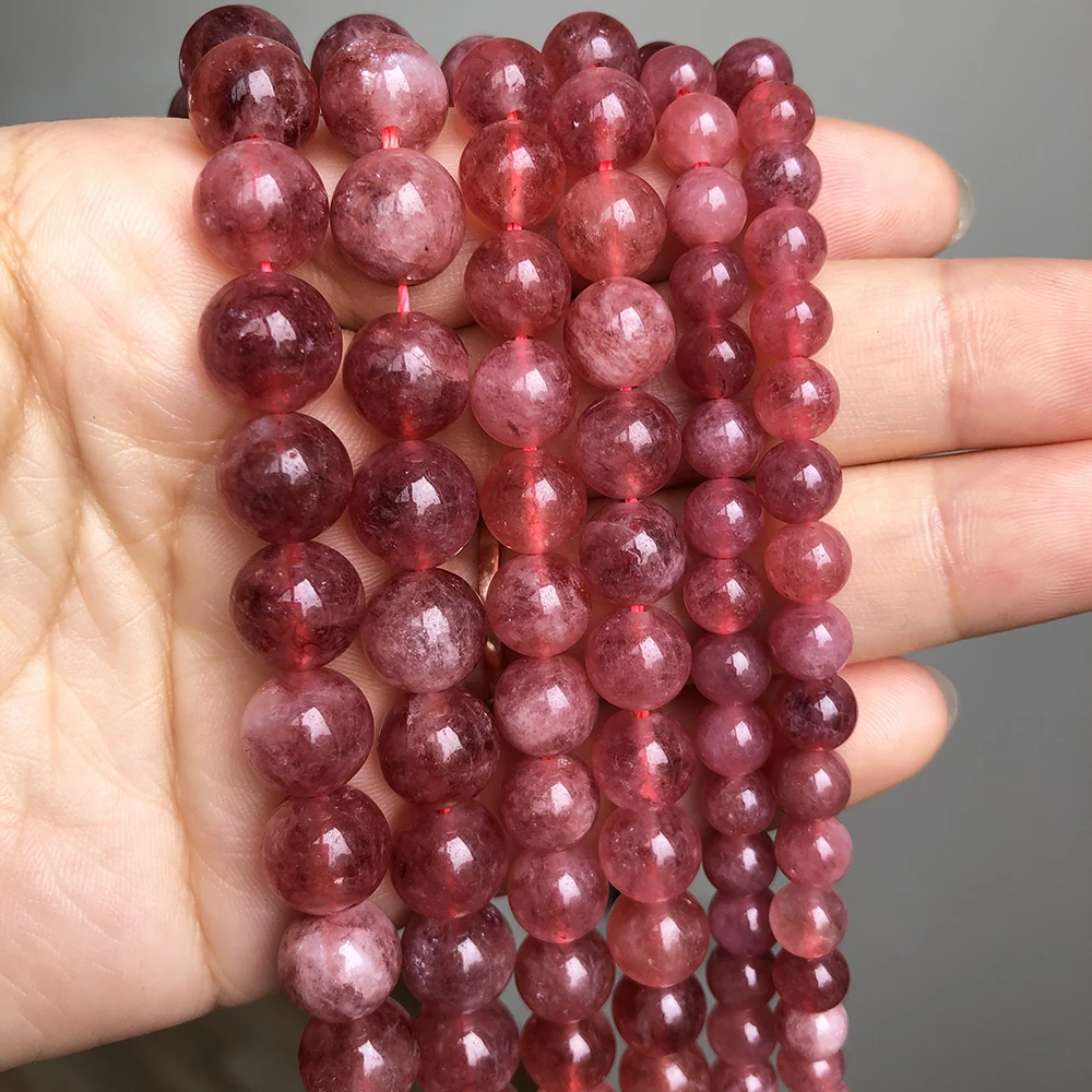 Strawberry Quartz Round Stone Beads Smooth Loose Spacer Beads For Jewelry DIY Making Bracelet Earrings Accessories 15\'\' 6 8 10mm