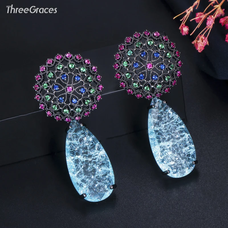 ThreeGraces Elegant Light Blue Broken Cubic Zirconia Big Black Gold Color Dangle Earrings for Women Bridal Wedding Jewelry ER463