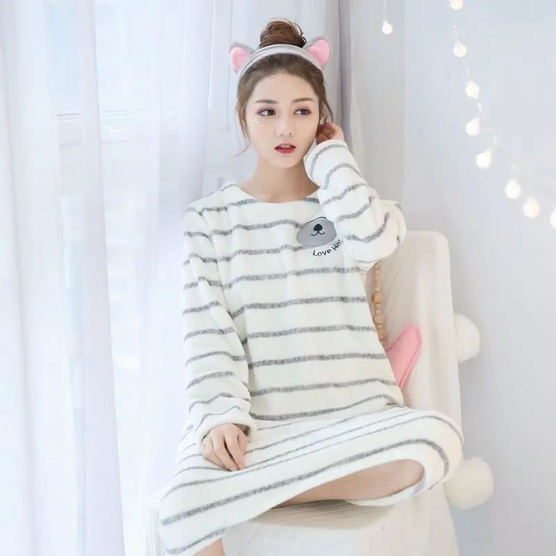 Nightgowns Women Coral Velvet Printed Korean Style Leisure Daily Womens Student Loose Kawaii Elegant New Soft Comfortable Warm