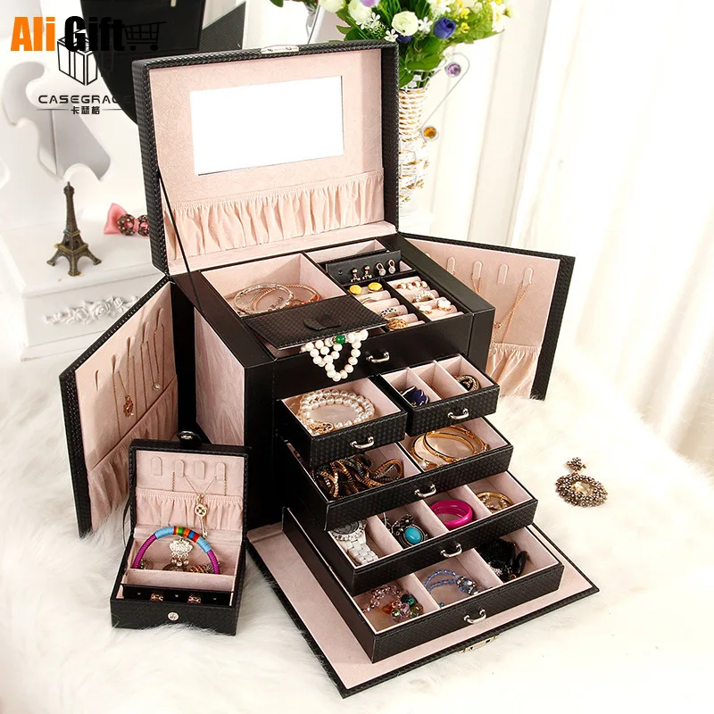 Jewelry Storage Box PU Leather Drawer Jewelry Cosmetic Box Five-story High-capacity Jewelry Box Makeup Organizer Dressing Case