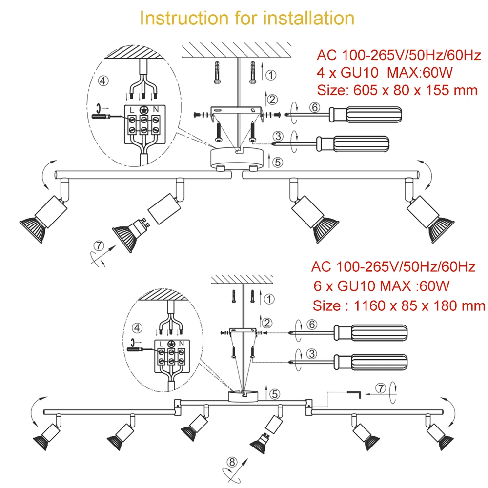 Morden Dimmable LED Chandelier Lighting 1-6 Way 5W 30W GU10 Spotlight Rotatable Ceiling Bar Lamp for Kitchen,Living Room,Bedroom