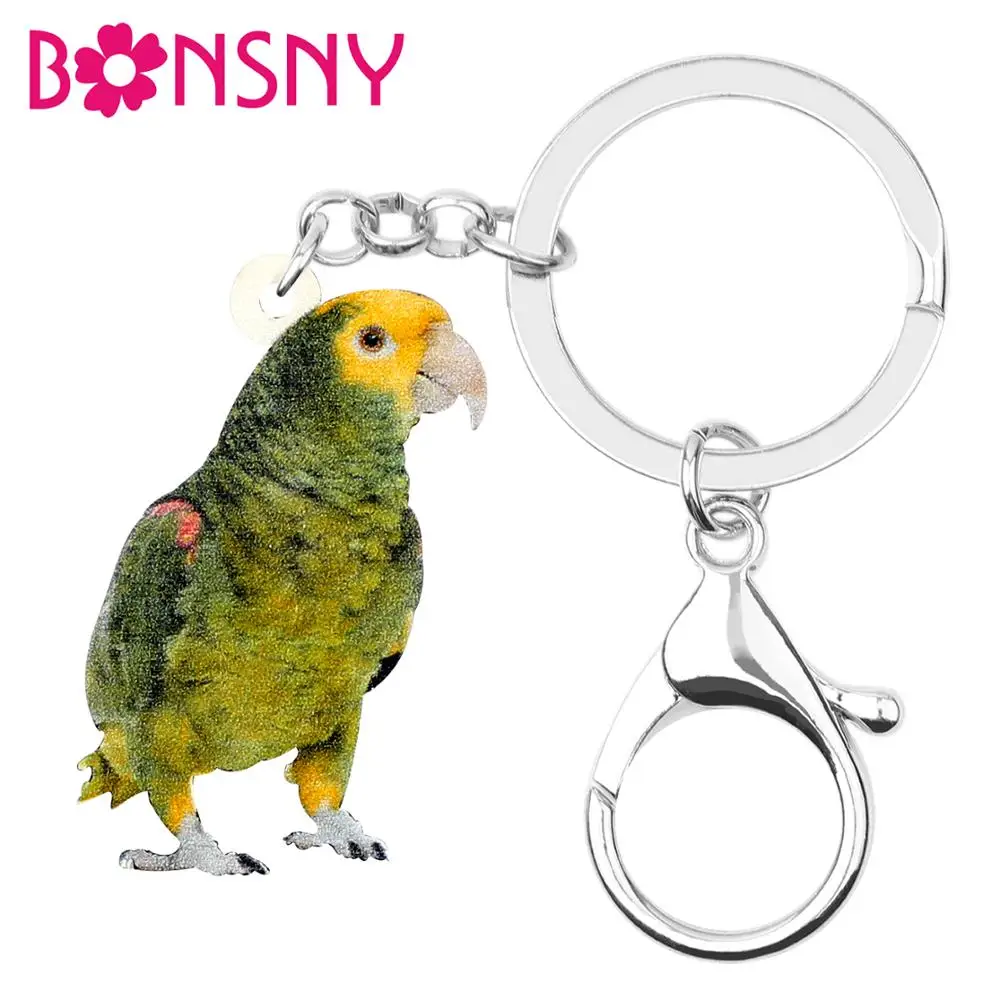 Bonsny Acrylic Green Naked-eyed Cockatoo Parrot Key chains Rings For Lady Girls Men Car Purse Bag Decoration Sweet Bird Keychain