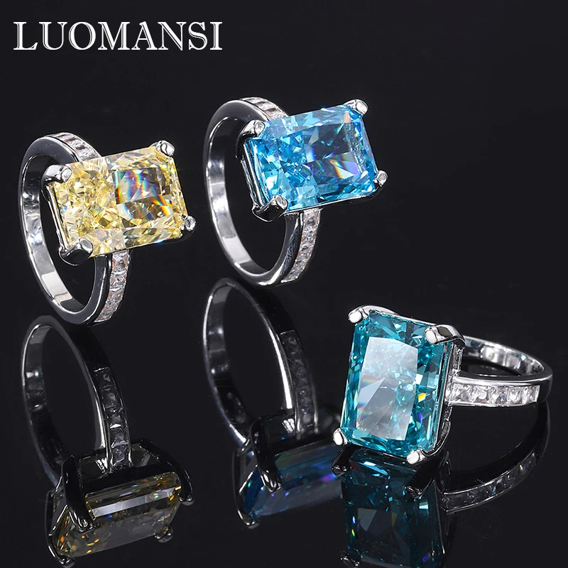 

Luomansi S925 Sterling Silver Woman Ring 10*14MM Rectangular Green Yellow Blue High Carbon Diamond Fine Jewelry Wedding Party