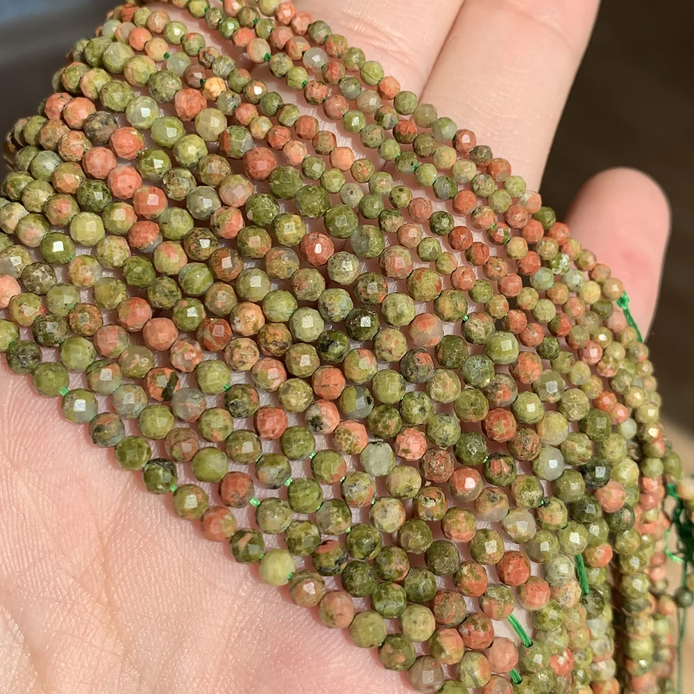 2/3/4mm Natural Stone  Jasper Faceted Green Unakite Mineral Loose Tiny Beads For Jewelry Making DIY Bracelet Christmas Gift 15\'\'