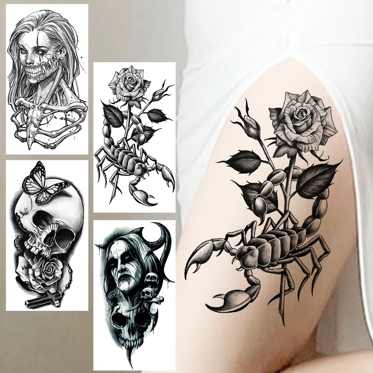 Scorpion Rose Flower Temporary Tattoos For Women Adults Skeleto Skull Vampire Fake Tattoo Sticker Forearm Waterproof Tatoos