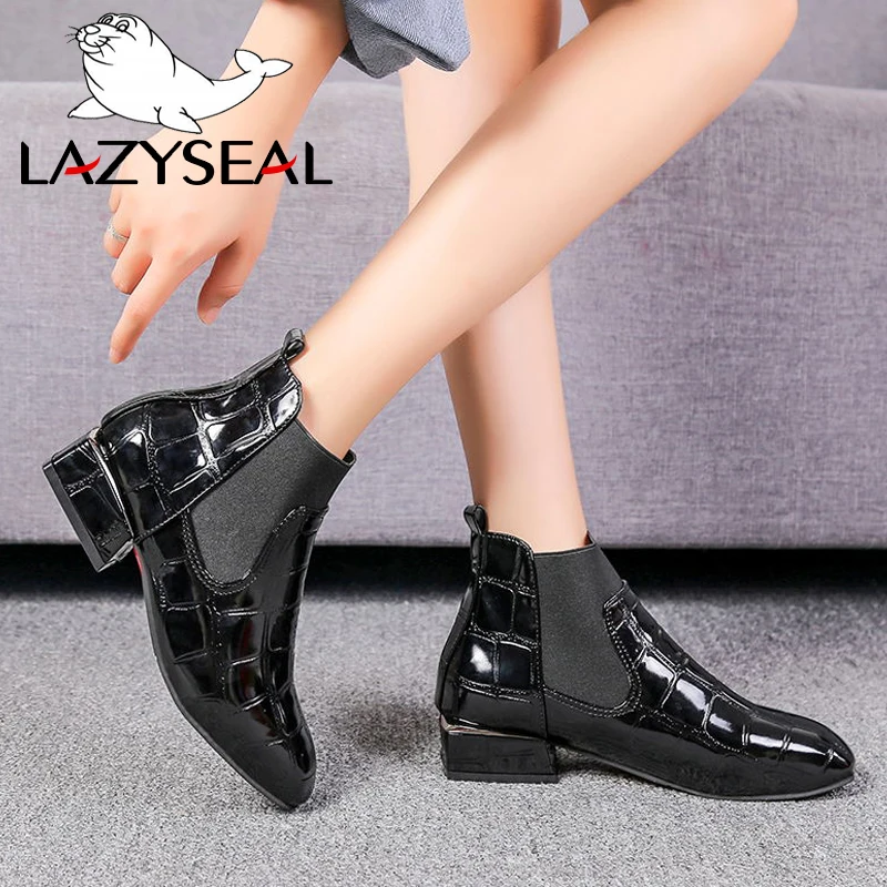 LazySeal New Square Toe Ankle Boots For Women Patent Leather Elastic Band Slip-on Woman Shoes Ladies Fashion Boots Woman Booties