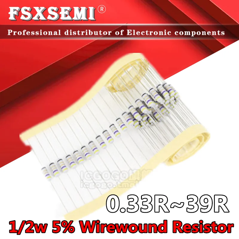 50 stücke 1/2w 5% Draht Widerstand Sicherung 0,33 R 0,5 R 1R 2,2 R 3,3 R 4,7 R 5,1 R 10R 22R 30R 33R 39R