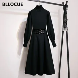 BLLOCUE Winter Luxury Runway Elegant 2 piece Set Women  High Collar Knit Pullover Sweater+High Waisted Maxi Skirt Matching Set