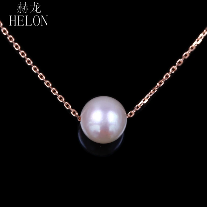 

HELON Fresh Water Pearl 8mm Round Pierce Pave Setting Solid 18K Rose Gold AU750 Chain Simple Design Pearl Necklace Women Jewelry