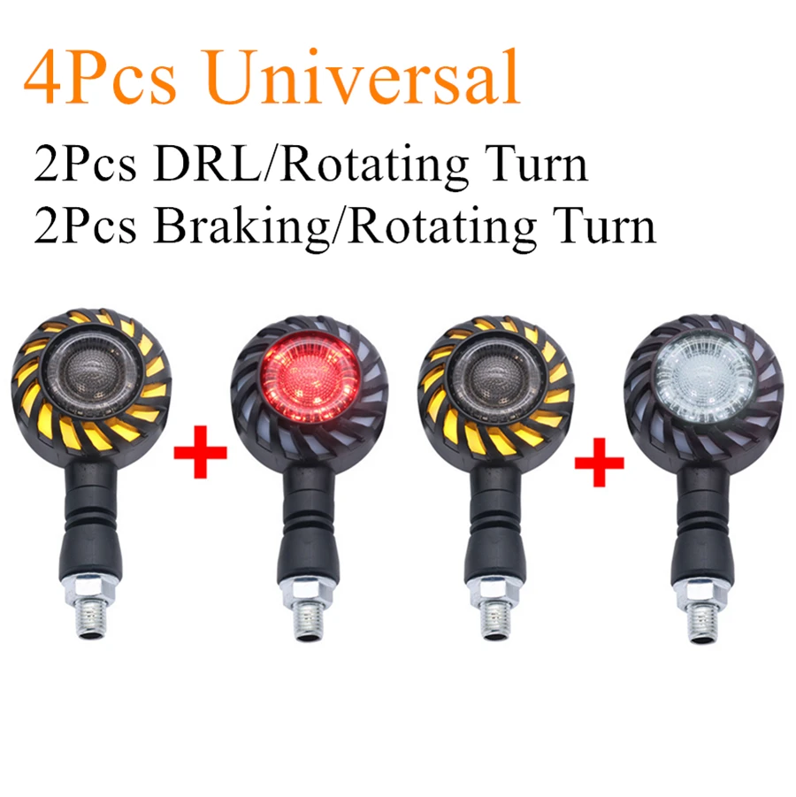 3 IN 1 4Pcs Motorcycle LED Flowing Rotating Sequential Turn Signal Light Racing Accessories Indicator DRL Braking Tail Light