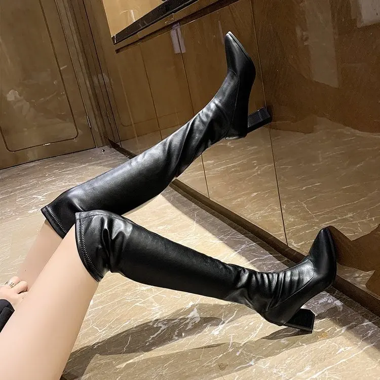 New Women\'s Top Resiliency Pu Leather Over The Knee Boots Slip on Thick High Heel Platform Thigh Boots Ladies Fashion Shoes