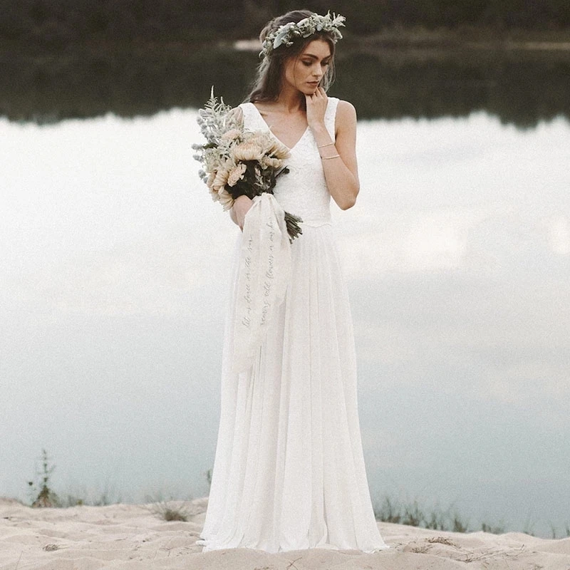 FDHAOLU-Robe de mariée de plage, col en V, manches cape, jupe trapèze en mousseline de soie, haut en dentelle, dos ouvert, robe de mariée Boho