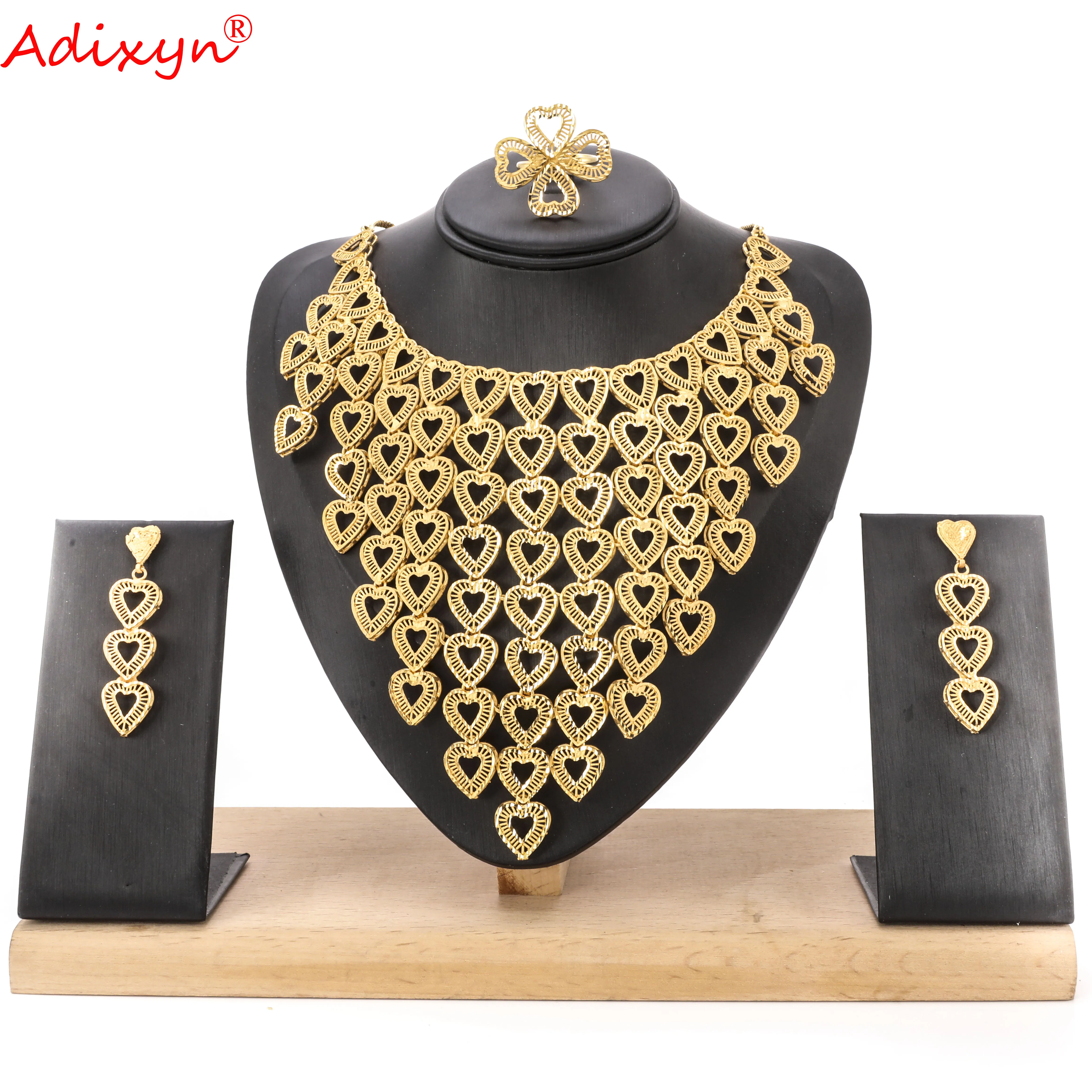 Adixyn Heart Shape Necklace Earrings Ring For Women 24K Gold Color Jewelry set Africa India Bridal Wedding Gifts