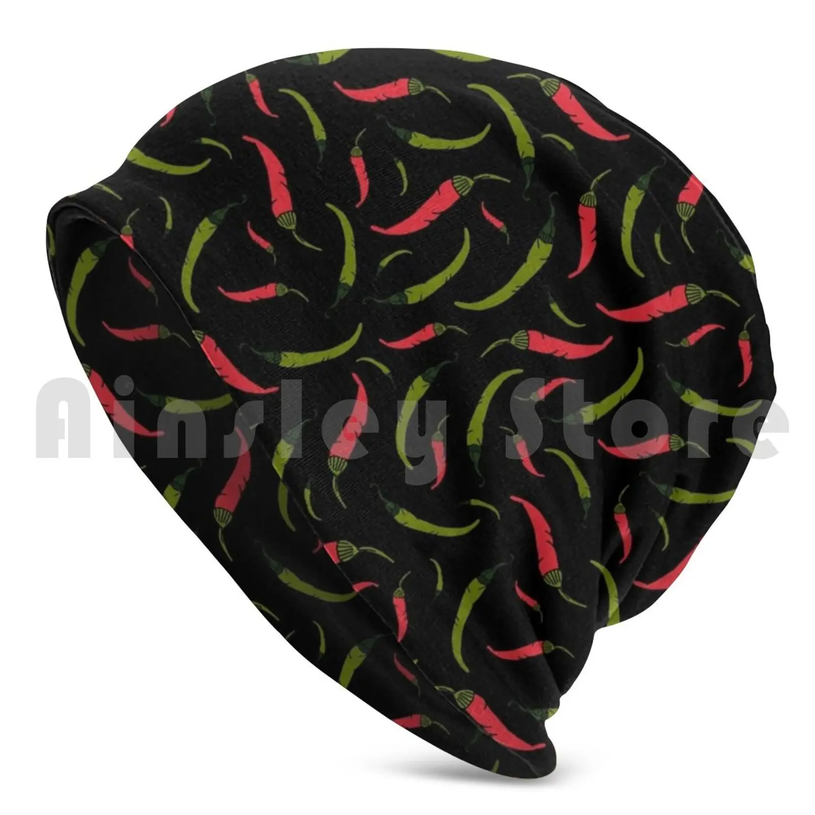 Red And Green Chilli Peppers On Black Beanies Knit Hat 3044 Beanies Print Chili Chilis Chillies Chillie Pepper