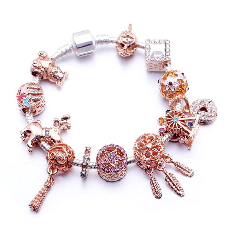 New Rose Gold Diy Bracelet Woman Beaded Elk Tassel Pandora Charm Mix and Match Valentine's Day Romantic Flowers Girlfriend