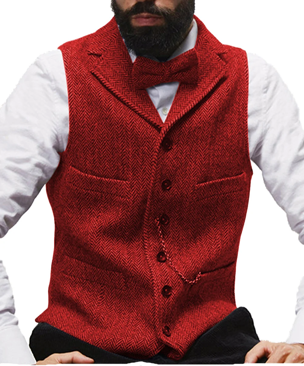 

Burgundy/Brown Men's Suit Vest Slim Fit Herringbone Wool Tweed Notched Lapel Waistcoat for Wedding Groomsmen Mens Vest Casual