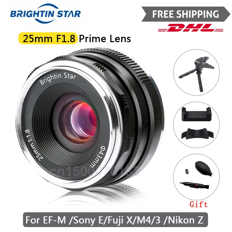 Brightin Star 25mm F1.8 Prime Lens Manual Focus Mirrorless Cameras Lenses For Canon EF-M Sony E Fuji X M4/3 Nikon Z Mount Camera