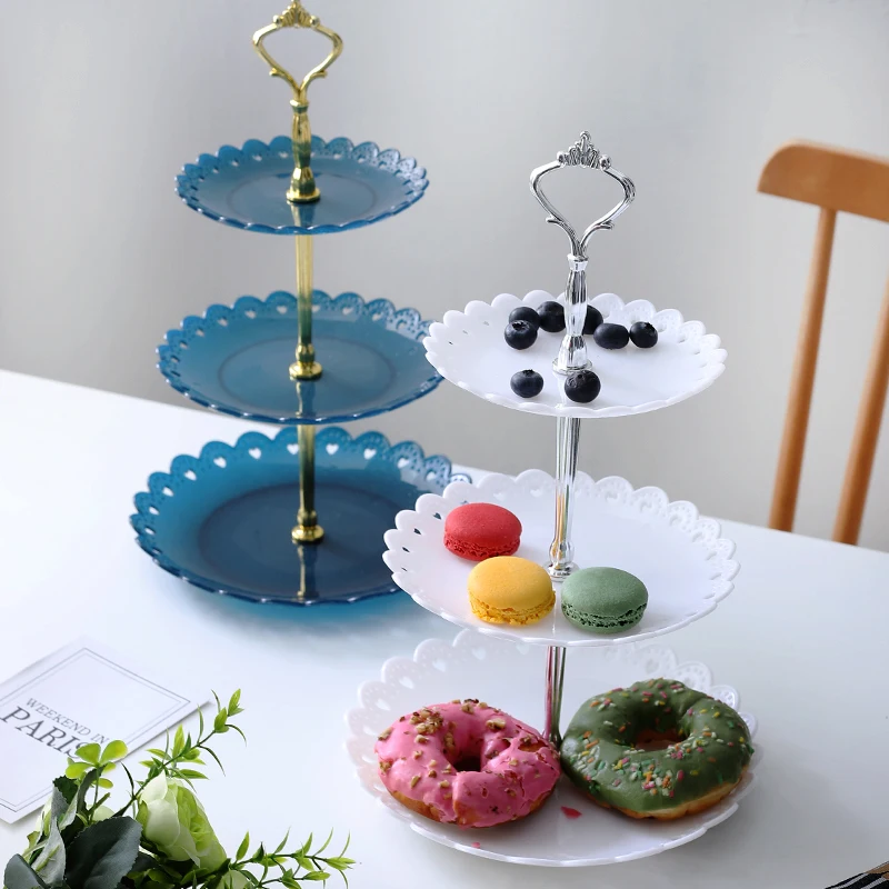 4psc 3 Tier Cake Stand Plates Style European Wedding Party Multi Layer Plastic Three-tier Fruit Tray Snack Candy Tray