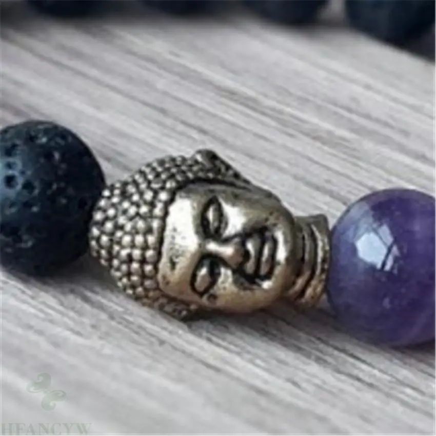 8mm Amethyst Gemstone Volcanics Mala Bracelet Men Cuff Tibet silver Buddhism 7.5inches Meditation Wrist Unisex Bless Monk Prayer