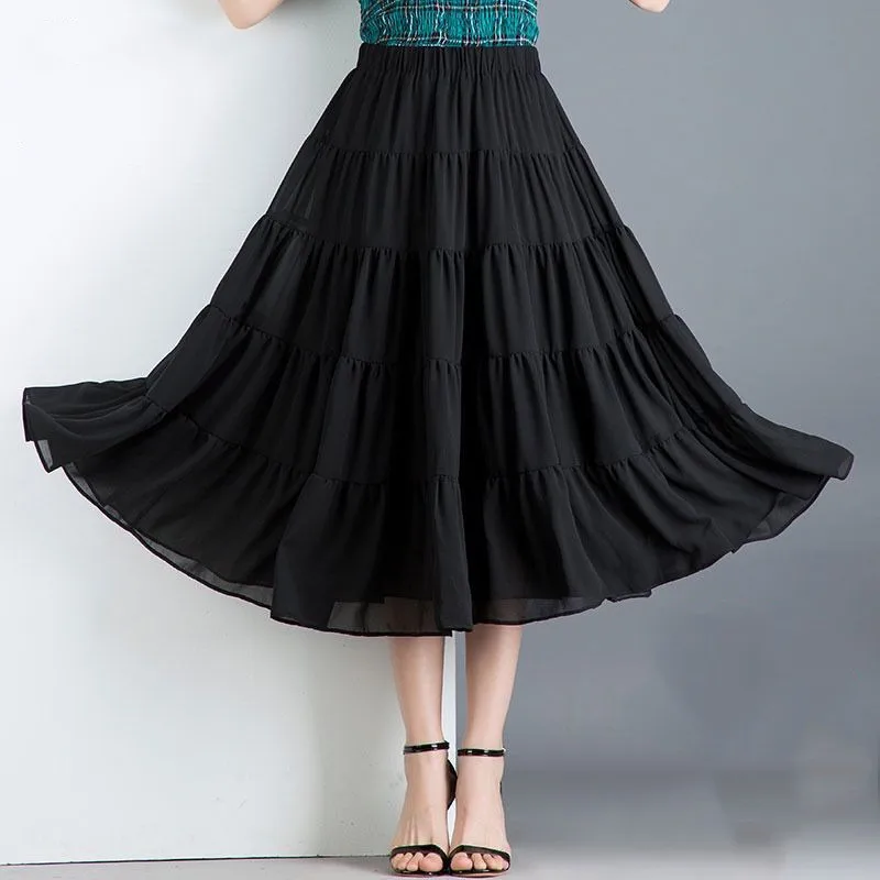 2024 Fashion Women Chiffon A-line Long Skirt High Waist Ruffled Elegant Skirt Female Casual Loose Clothes jupe femme longue chic