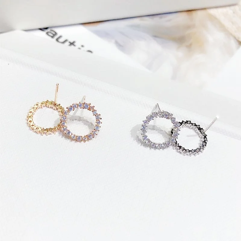 Delicate Simple Design Cubic Zirconia Paved Round Stud Earrings Rose Gold Color CZ Crystal Women Earrings