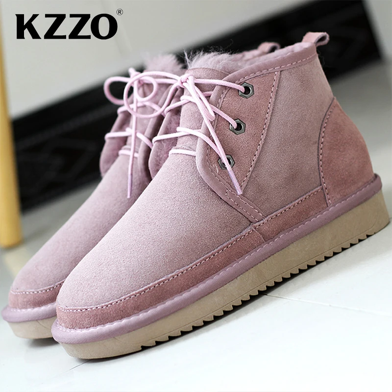 KZZO Sheepskin Leather Snow Boots For 2023 Women Natural Sheep Wool Fur Lined Ankle Winter Warm Shoes Casual Flat Lace-up Boots