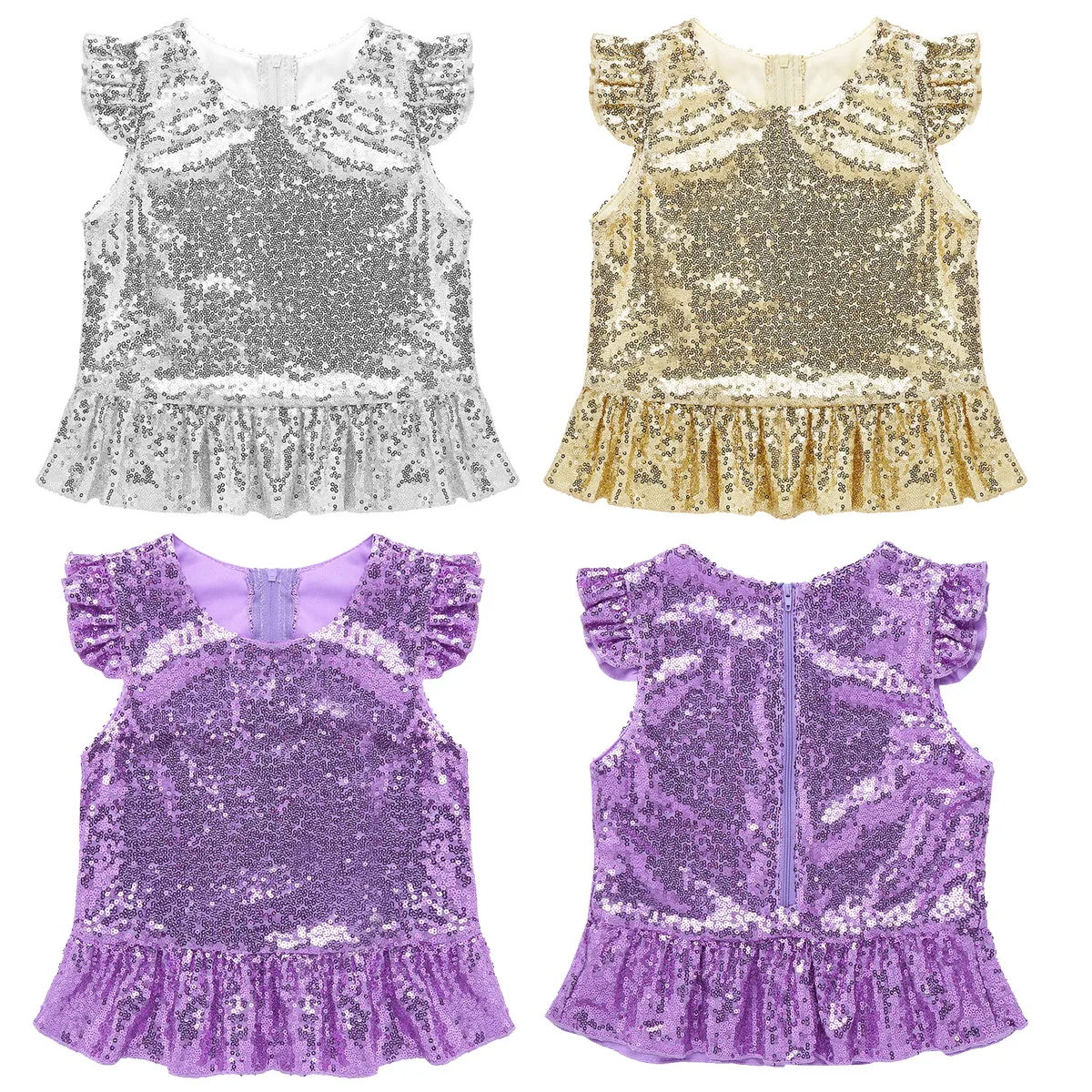 Kids Girls Mermaid Costume Sparkly Sequins Short Flutter Sleeves Ruffle T-shirts Dance Performance Carnival Birthday Party Tops