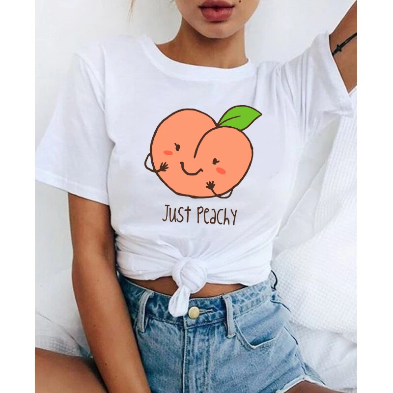 Women Casual Harajuku Tee Shirt Peach Juice Girl Cartoon T Shirt Fashion O-Neck T-shirts Summer Tshirt For Female Drop ship