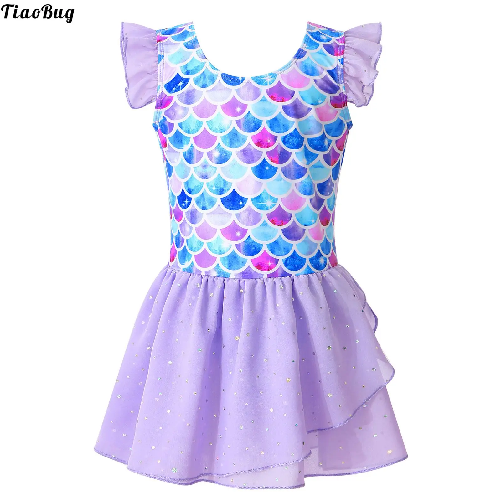 

TiaoBug Kids Girls Stylish Dancing Clothing Ruffle Sleeveless Round Neckline Fish Scales Print Patchwork Style Jumpsuit Dress