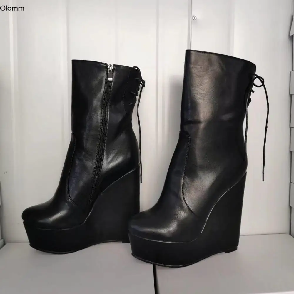 

Olomm Handmade Women Winter Platform Ankle Boots Wedges High Heels Boots Round Toe Black Evening Shoes Women Plus US Size 5-20