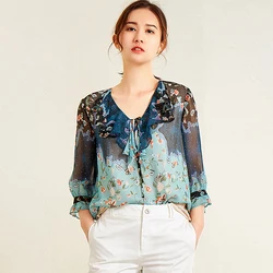 100% Silk Blouse Women Pullovers Top V Neck Printed Vintage Design Three Quarter Sleeve shirt Women Elegant Style New Fashion