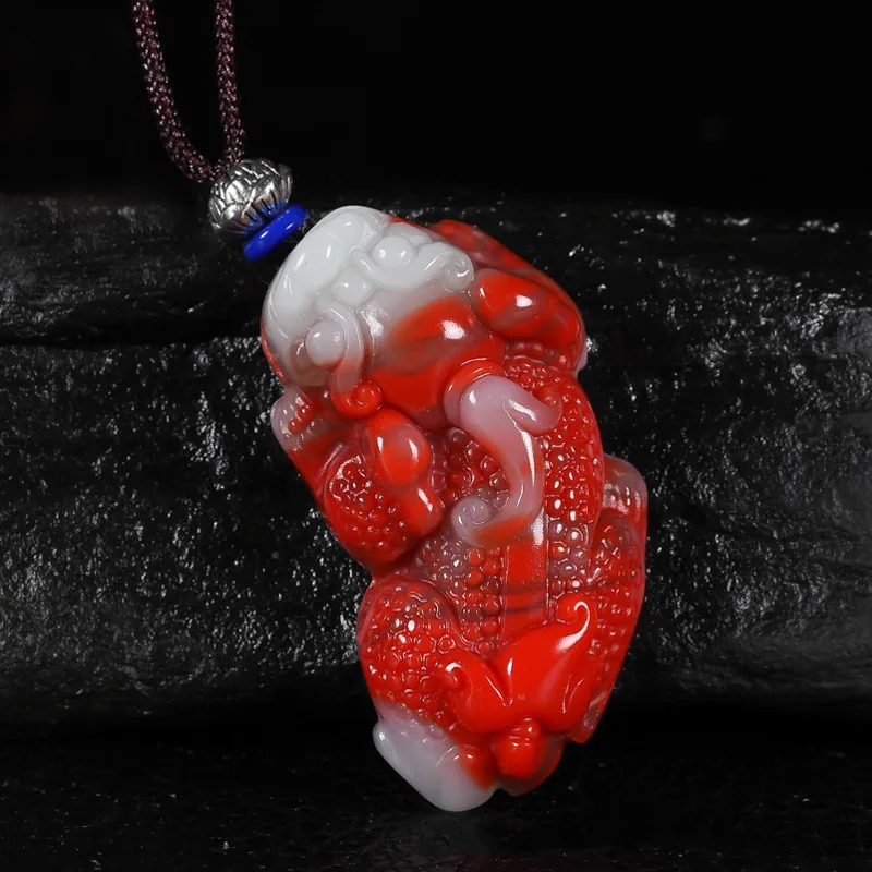 

Natural Xinjiang Chicken Blood Jade Pendant Men's and Women's Money Transfer Fortune Jade Sweater Chain Pendant