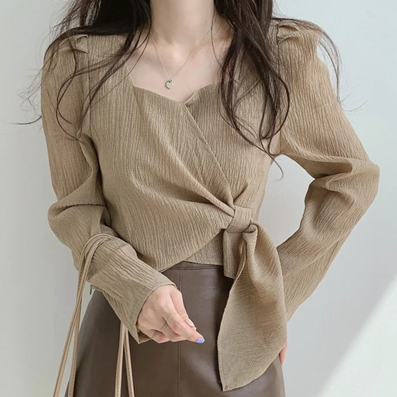 Korean Style Square Neck Irregular Twist Tie Front Women Blouse Spring Autumn Long Sleeve Crop Top Elegant Ladies Vintage Top