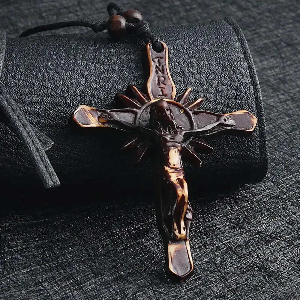 Big Acrylic Cross Necklaces for Men Women Religious Catholic Crucifix Jesus Pendant Necklace Adjustable Rope Chains Jewelry