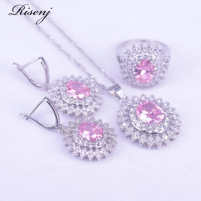 Romantic Present Pink Zircon 925 Sterling Silver Jewelry Set For Women Bridal Jewelry Set Earrings Ring Necklace Bracelet Set