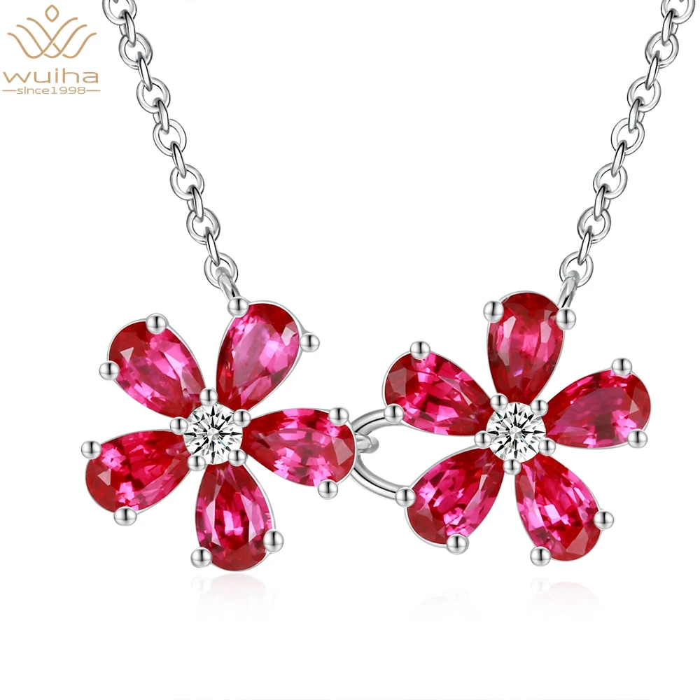 WUIHA Romantic Solid 925 Sterling Silver Created Moissanite Ruby Gemstone Leaf Shape Pendant Necklace for Women New Fine Jewelry